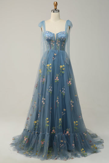 A-line Embroidery Grey Blue Corset Tulle Long Prom Dress